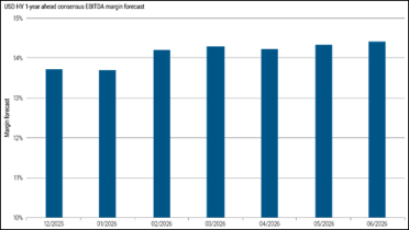 Monthly bar chart showing one-year-ahead EBITDA margin forecasts for USD HY issuers from December 2025 to June 2026. Margins remain relatively stable, moving within a narrow range around 14%.